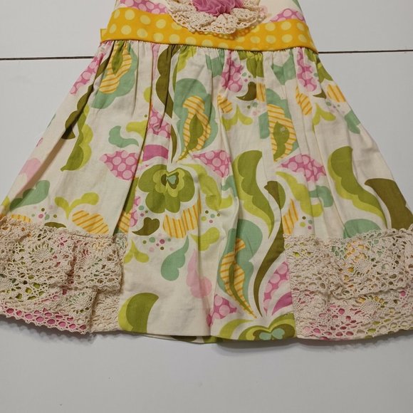 Peaches 'N Cream Girls 5 Dress BYellow Floral Lace Button Bow Tie 100% Cotton - Picture 9 of 12